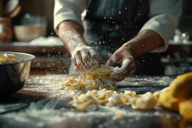 een persoon in een keuken met veel pasta erop