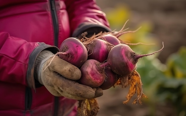 Een persoon in een rood jasje houdt een bos bieten vast.