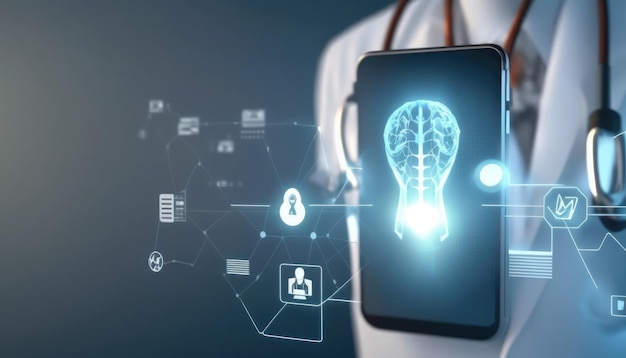 Een persoon in een witte laboratoriumjas houdt een tablet vast met hersenen in het midden.