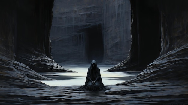 Een persoon in een zwart gewaad zit in een grot