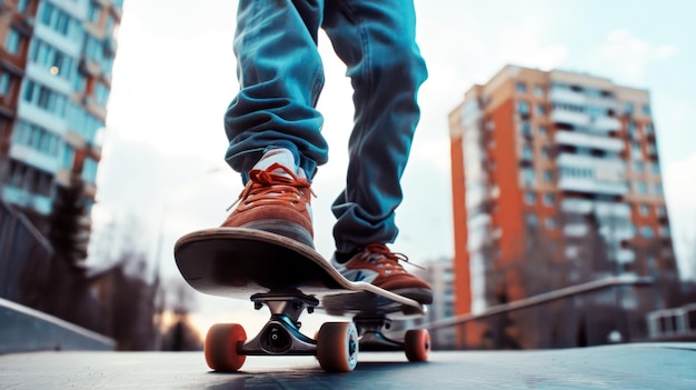 Een persoon is aan het skateboarden voor een gebouw.