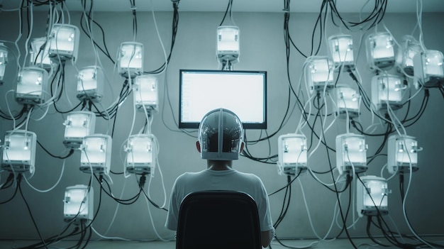 Een persoon is in het hoofd met een kabel verbonden met een grote computer aan de andere kant van de kamer met een stel monitoren