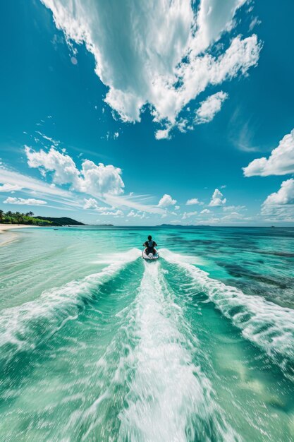 Foto een persoon jet skiën in een paradijs baai