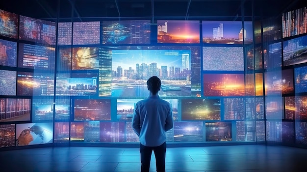 Een persoon kijkt naar een videomuur met multimediabeelden op verschillende televisieschermen Generatieve AI