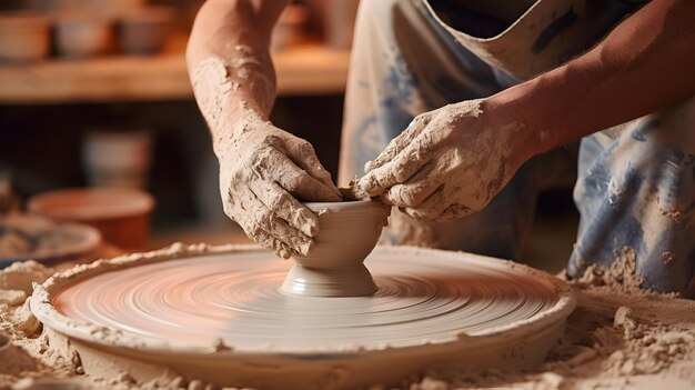 Foto een persoon leert aardewerk vormen van klei op een wiel in een gezellige kunstgevulde studio