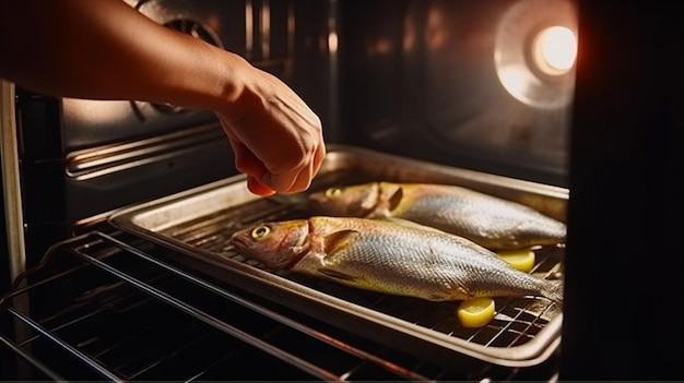 Een persoon legt een vis in een bakplaat in een oven.