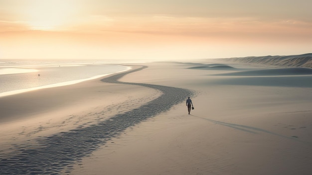 Een persoon loopt door het zand met de ondergaande zon achter zich