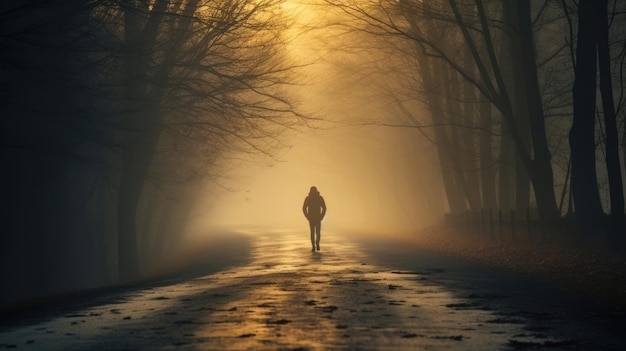 Een persoon loopt in de mistige mistige weg in een dramatische mystieke scène met warme kleuren mysterieuze man die in de mist loopt