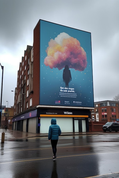 een persoon loopt voor een groot reclamebord met de tekst "oorlog".