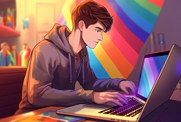 een persoon met bruin haar die op een laptop typt met behulp van de regenboogvlag in de stijl van digitaal