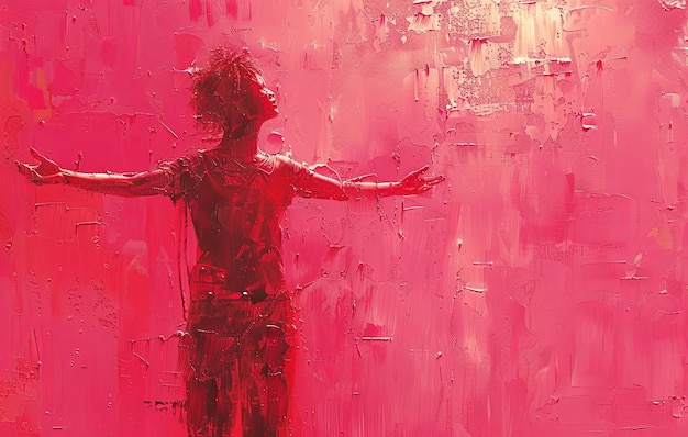 een persoon met de armen omhoog op een roze achtergrond in de stijl van digitale schilderkunst Generatieve AI