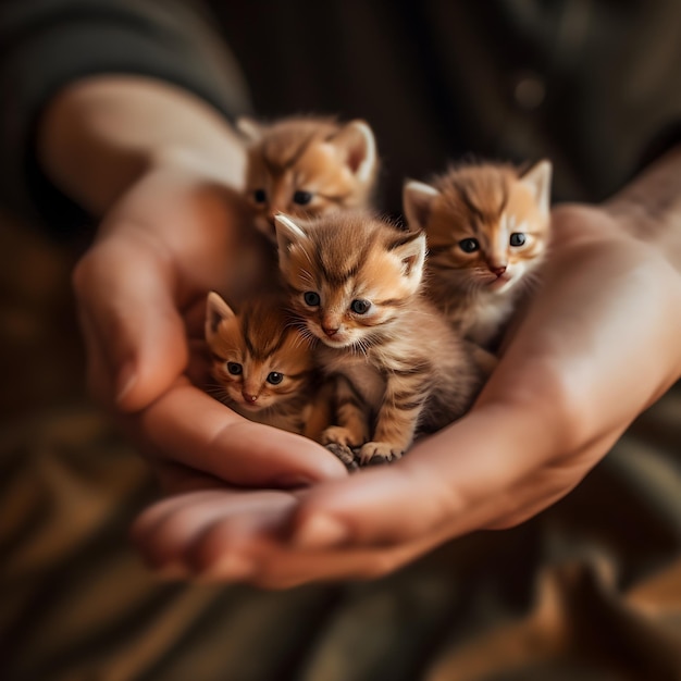 Een persoon met drie kleine kittens in hun handen.