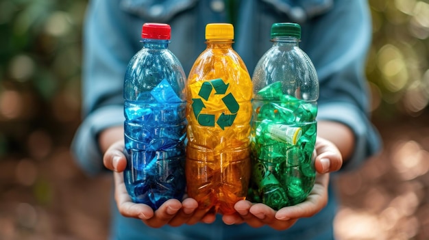Een persoon met drie plastic flessen met recyclingsymbolen erop