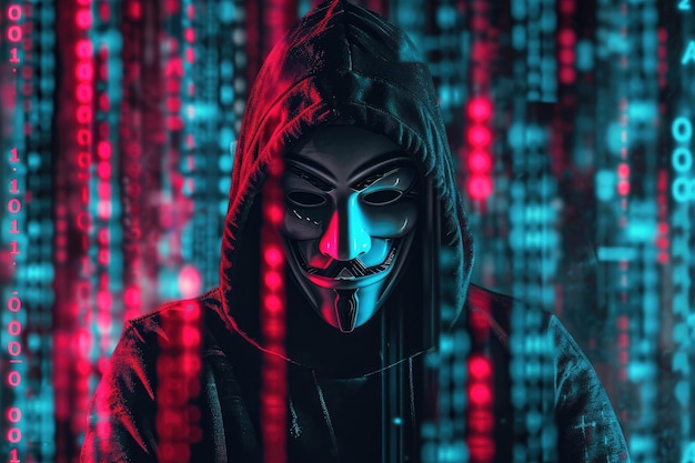 Een persoon met een beschermend masker staat voor een levendige rode en blauwe achtergrond een hacker met een masker omringd door regels code AI gegenereerd