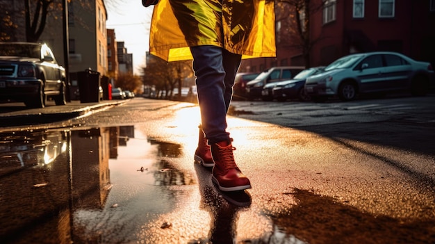 Een persoon met een gele regenjas en rode laarzen loopt door een plas.