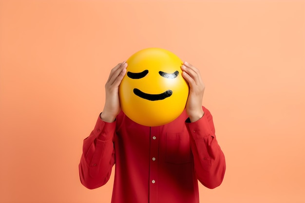 Een persoon met een gele smiley op een roze achtergrond