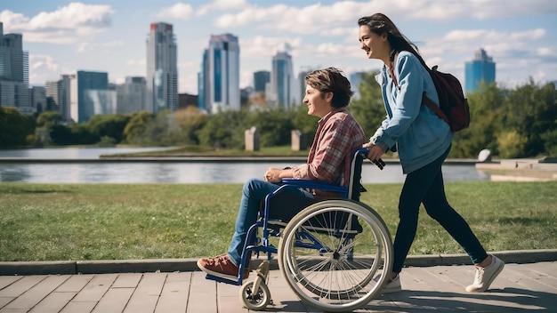 Een persoon met een handicap in de rolstoel die door een vriend wordt geduwd in een openbaar stadspark op zoek naar