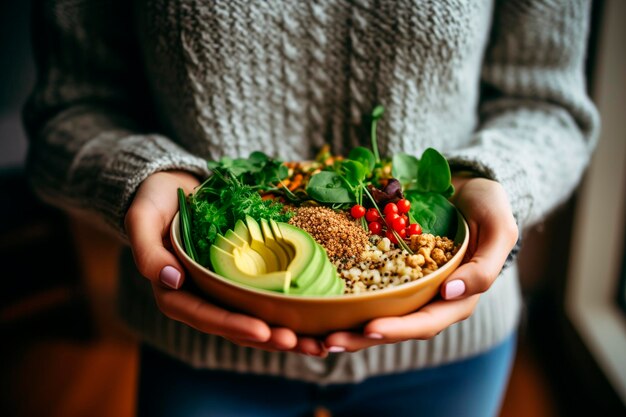 Foto een persoon met een kom verse avocadosalade met quinoa en groenten die een gezonde levensstijl belichaamt