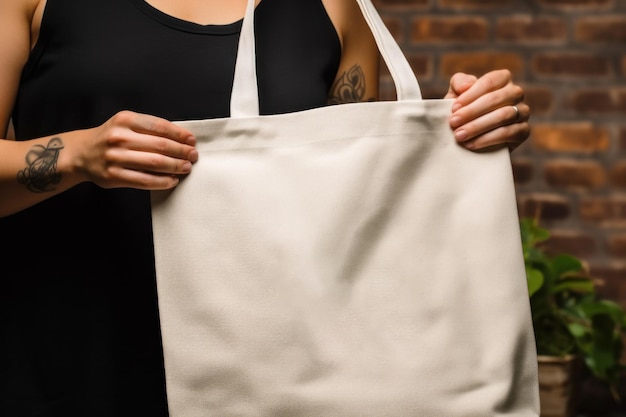 Een persoon met een lege boodschappentas canvas tas mockup generatieve ai