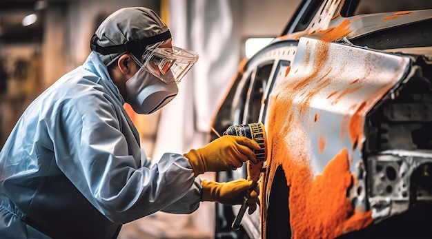 Een persoon met een masker en een masker werkt aan een auto