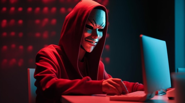 Een persoon met een masker zit achter een laptop met een rood licht achter zich.