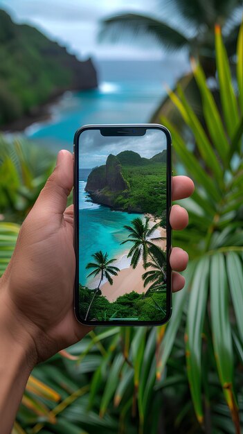 Een persoon met een mobiele telefoon met een tropisch strand op de achtergrond en palmbomen in de