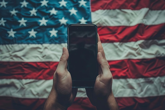 Een persoon met een mobiele telefoon voor een Amerikaanse vlag