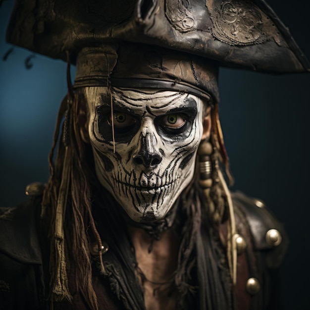 Foto een persoon met een piratenhoed en een hoed met een schedel erop