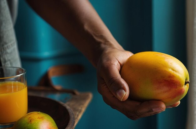 Een persoon met een rijpe mango en een glas sap