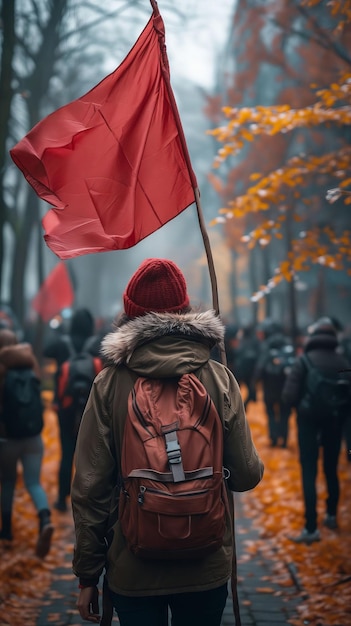 Een persoon met een rode vlag die door een straat loopt