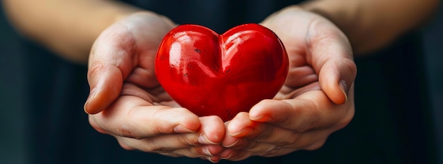 Foto een persoon met een rood hart in zijn handen.