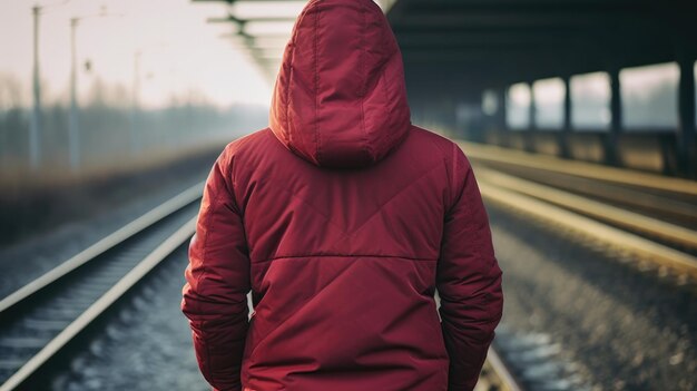 Een persoon met een rood jasje staat op de rails.