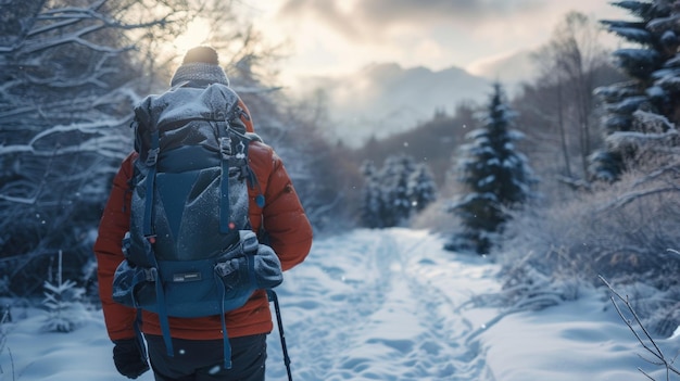 Foto een persoon met een rugzak die door de sneeuw loopt geschikt voor avontuur in de buitenlucht of winterreisthema's