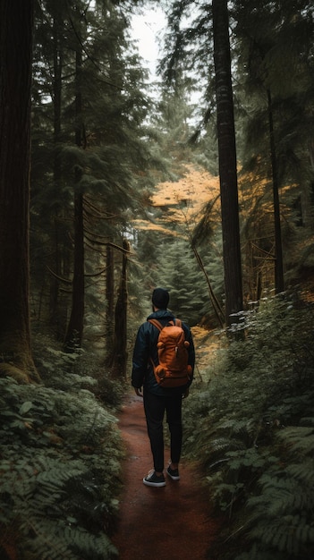 Een persoon met een rugzak die een pad in het bos afloopt Generatieve AI-beeld