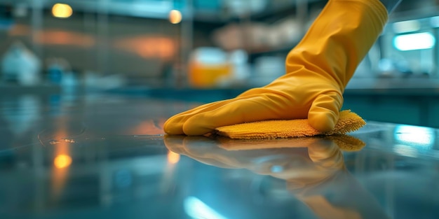 Een persoon met gele handschoenen maakt een tafel schoon. Het individu is gefocust en aandachtig en veegt het oppervlak ijverig af met een doek.