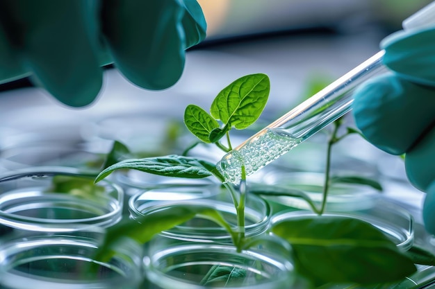 Foto een persoon met handschoenen houdt een buis vast die een plant bevat biotech experiment dat verkeerd gaat ai gegenereerd