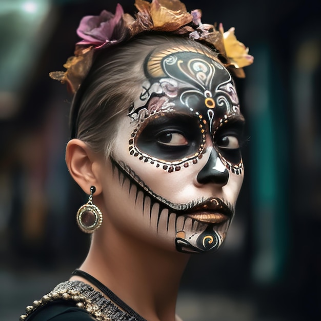 een persoon met hun gezicht beschilderd en versierd voor de Day of the Dead Parade