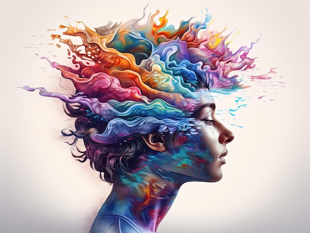een persoon met kleurrijke golven die door zijn hoofd stromen in de stijl van aquarel