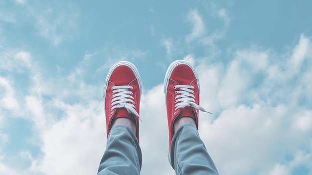 Een persoon met rode schoenen kijkt omhoog naar de lucht.