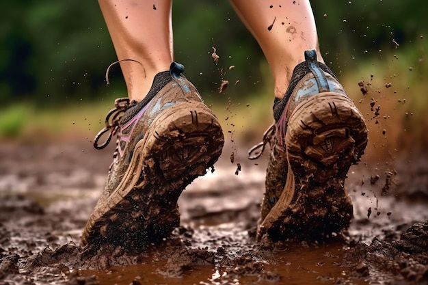 Een persoon met wandelschoenen is aan het modderen in de modder.