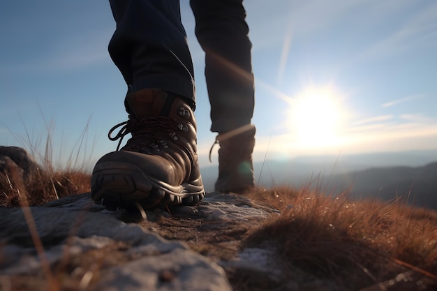 Foto een persoon met wandelschoenen staat op een rots in de bergen.