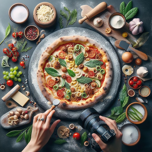 een persoon neemt een foto van een pizza gourmet met een camera