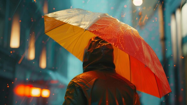 Foto een persoon onder een levendige paraplu glinstert te midden van het regenachtige nachtelijke stadsbeeld