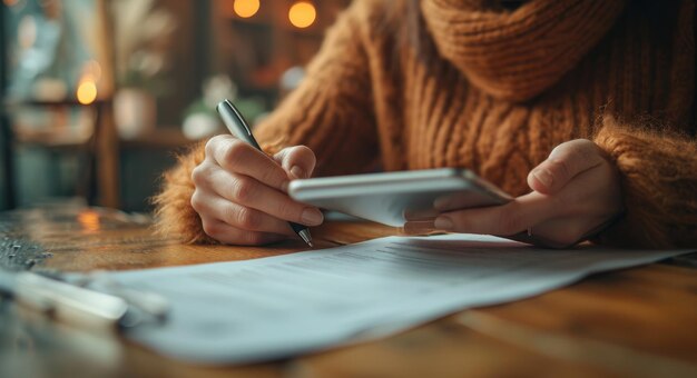 Een persoon ondertekent documenten terwijl hij een smartphone efficiënt beheert op een houten tafel verantwoordelijkheidsbeeld