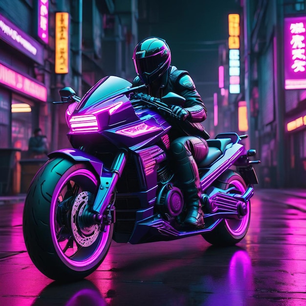 Een persoon op een motorfiets met de cyberpunk achtergrond stijl