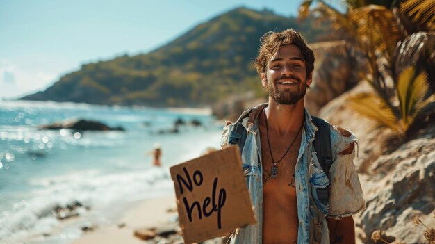 Foto een persoon op een verlaten eiland met een bord dat welzijn verkondigt een rustige afbeelding van eenzaamheid vreugde en tevredenheid in de eenvoud van een afgelegen paradijs