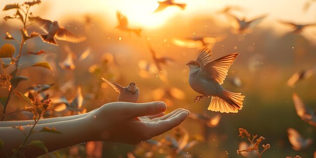 Foto een persoon opent handen onder vliegende vogels tijdens een serene zonsondergang concept natuur zonsondergang vogels handen sereniteit