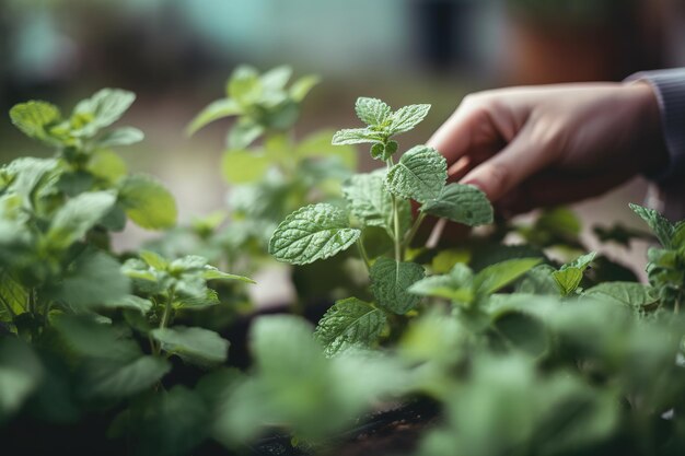 Een persoon plukt munt van een plant