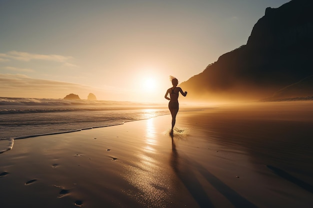 Een persoon rent langs de kustlijn van de oceaan met uitzicht op de zonsondergang Generatieve AI