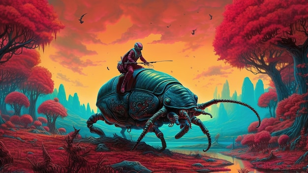 Een persoon rijdt op een gigantische kever door een surrealistisch landschap Fantasieconcept Illustratie schilderij Generatieve AI